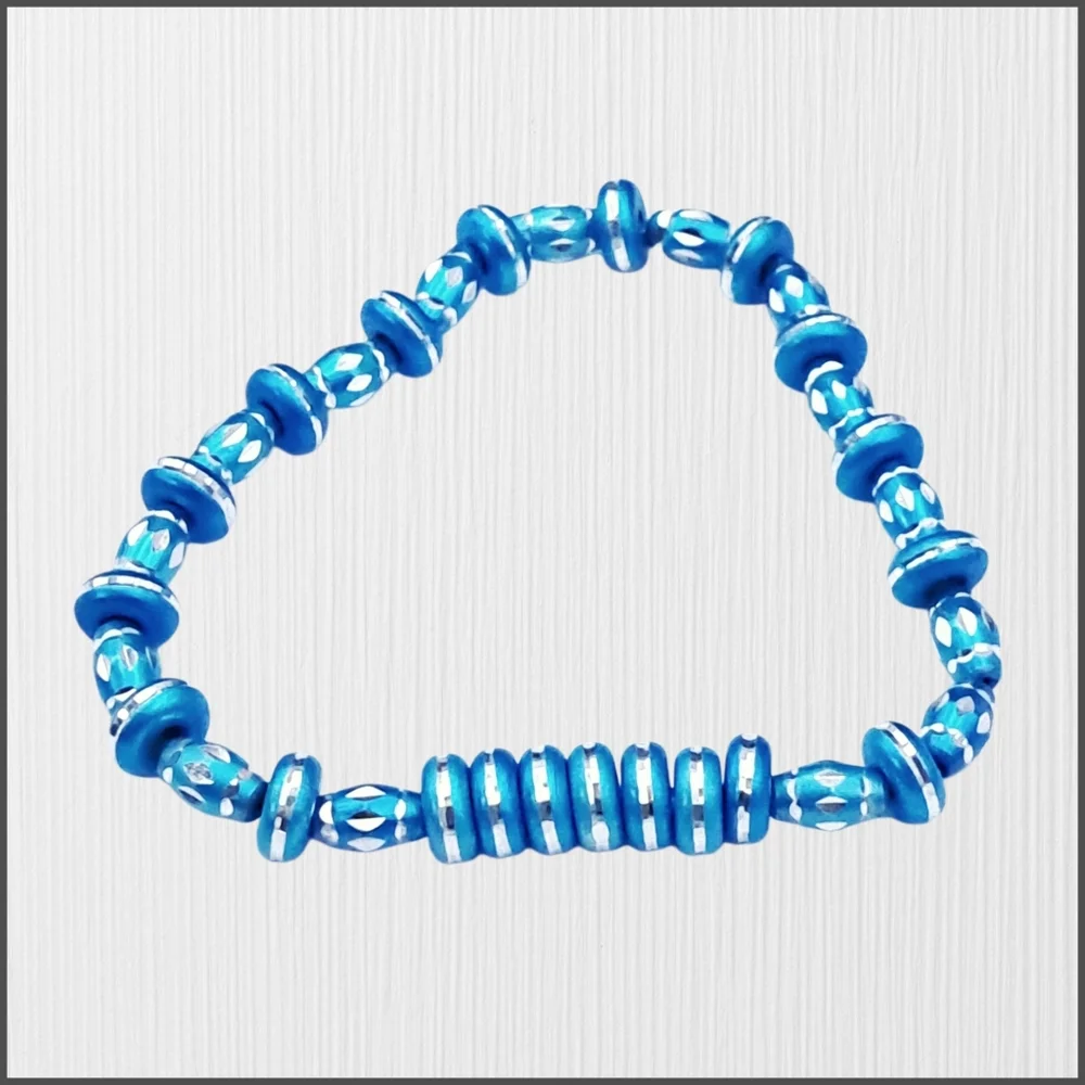 Teal Blue and Silver Beaded Stretch Bracelet | Mixed Disc & Faceted Beads